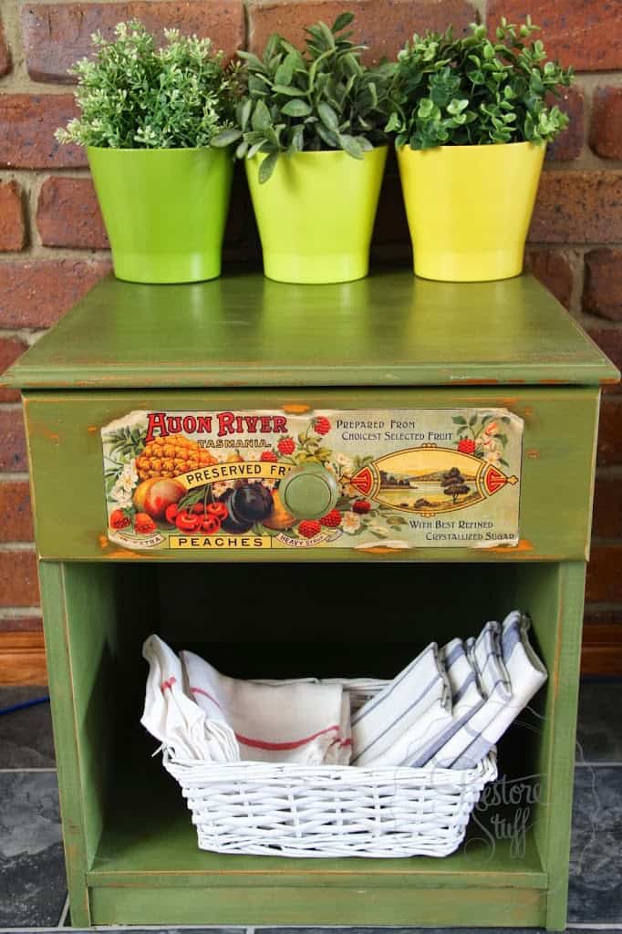 Boxwood table with canning label