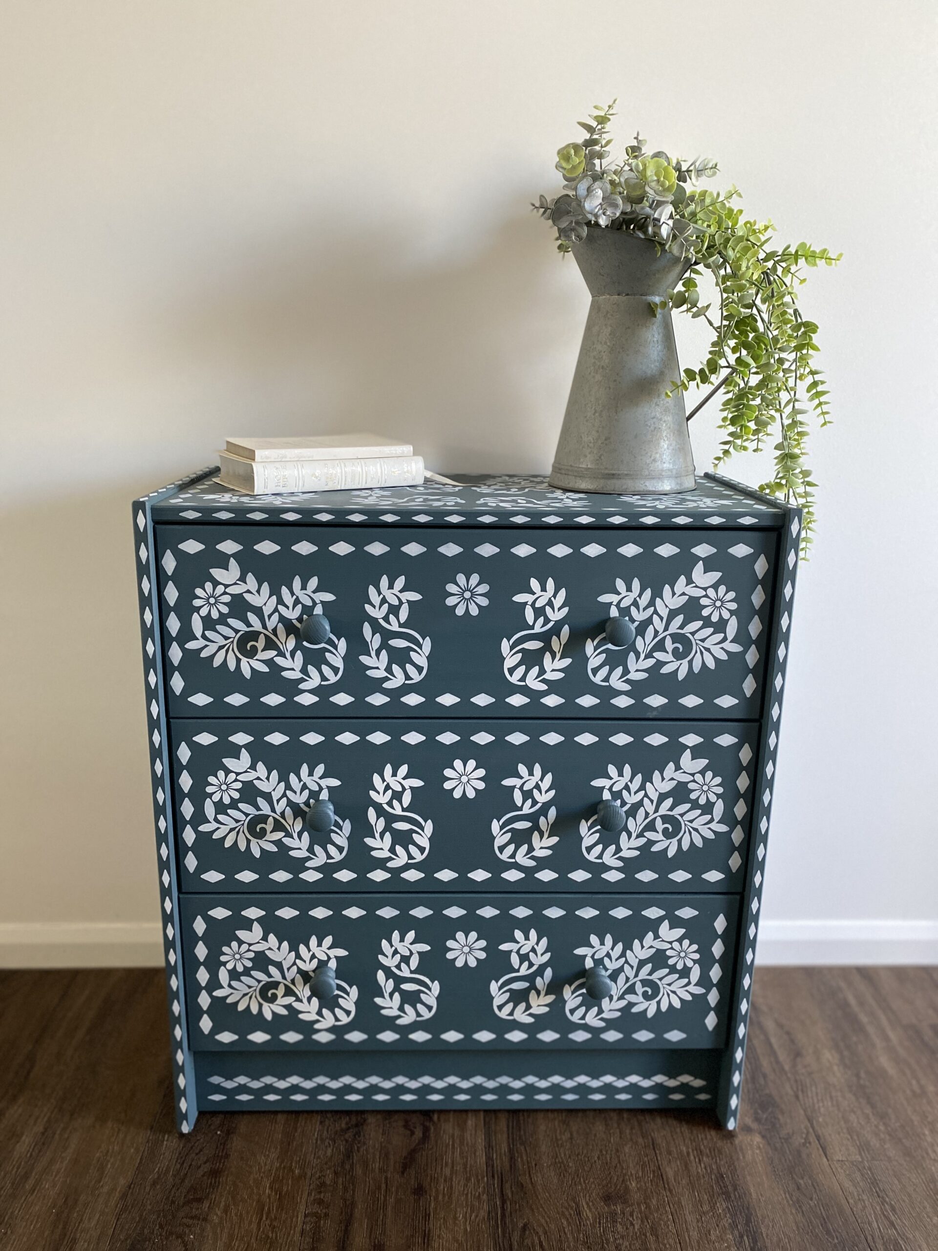 IKEA drawers painted in Homestead Blue Fusion paint with bone inlay stencil from Timeless Home collection