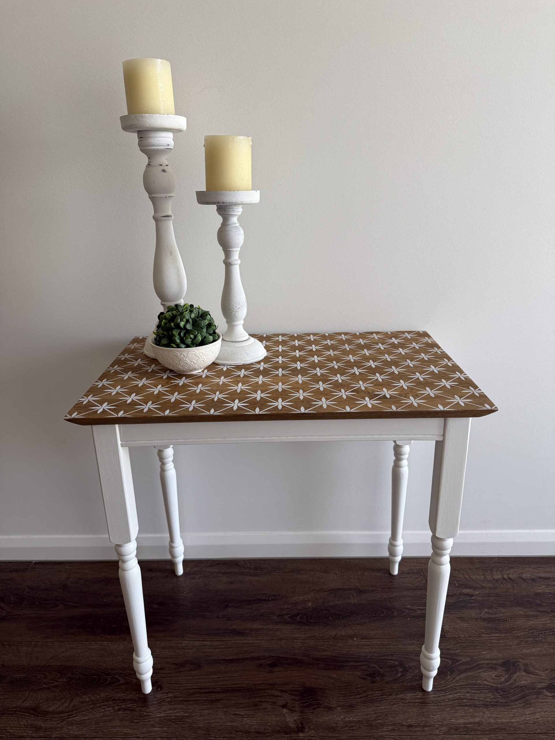 side table in Casement with Essential Stencil on top of wood stained top