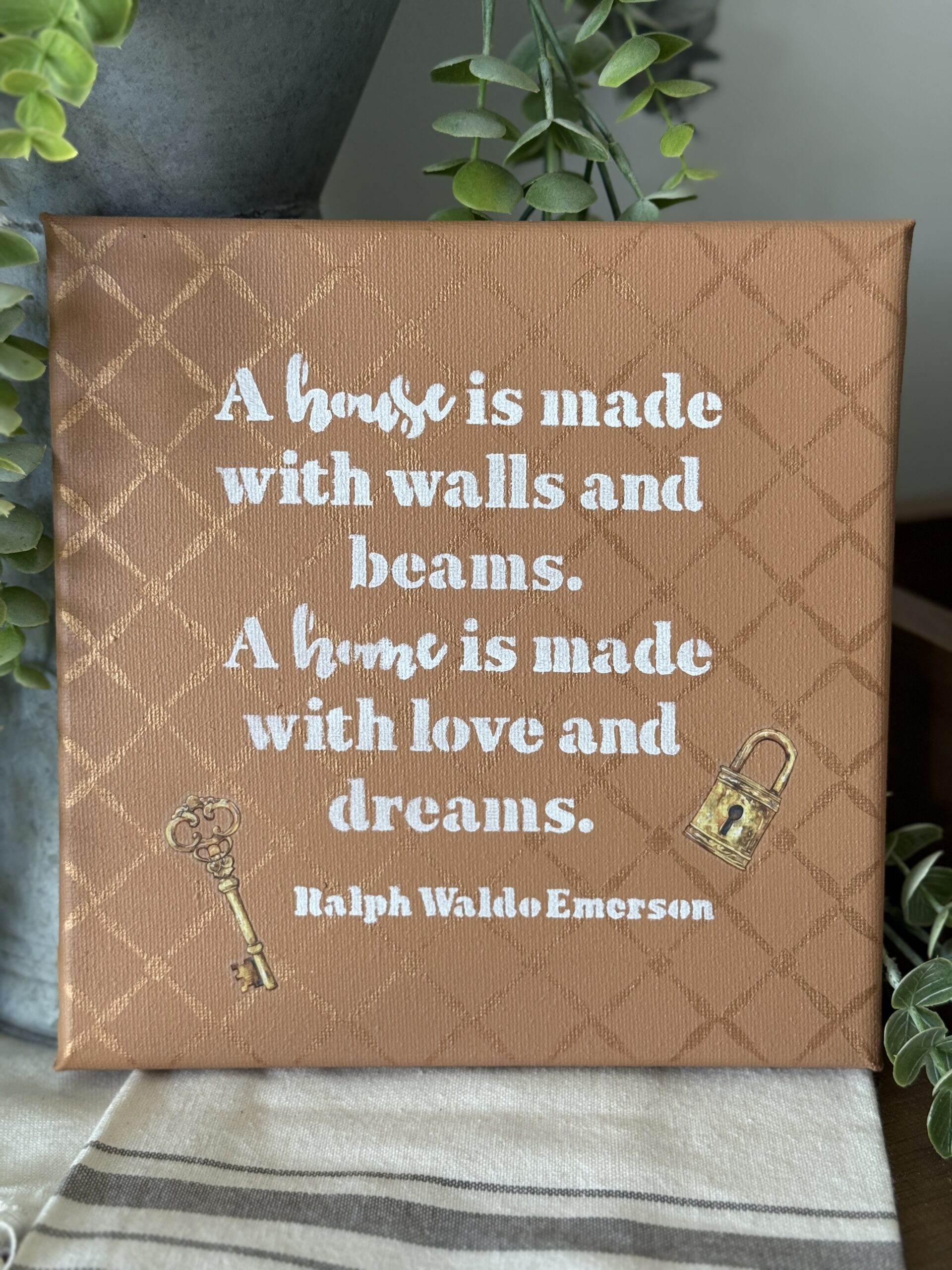 House & Home saying on canvas with trellis stencil
